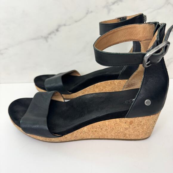 UGG Womens Zoe II Wedge Sandal Size 10 Leather MInimal Cushioned Comfort Black - Picture 5 of 10